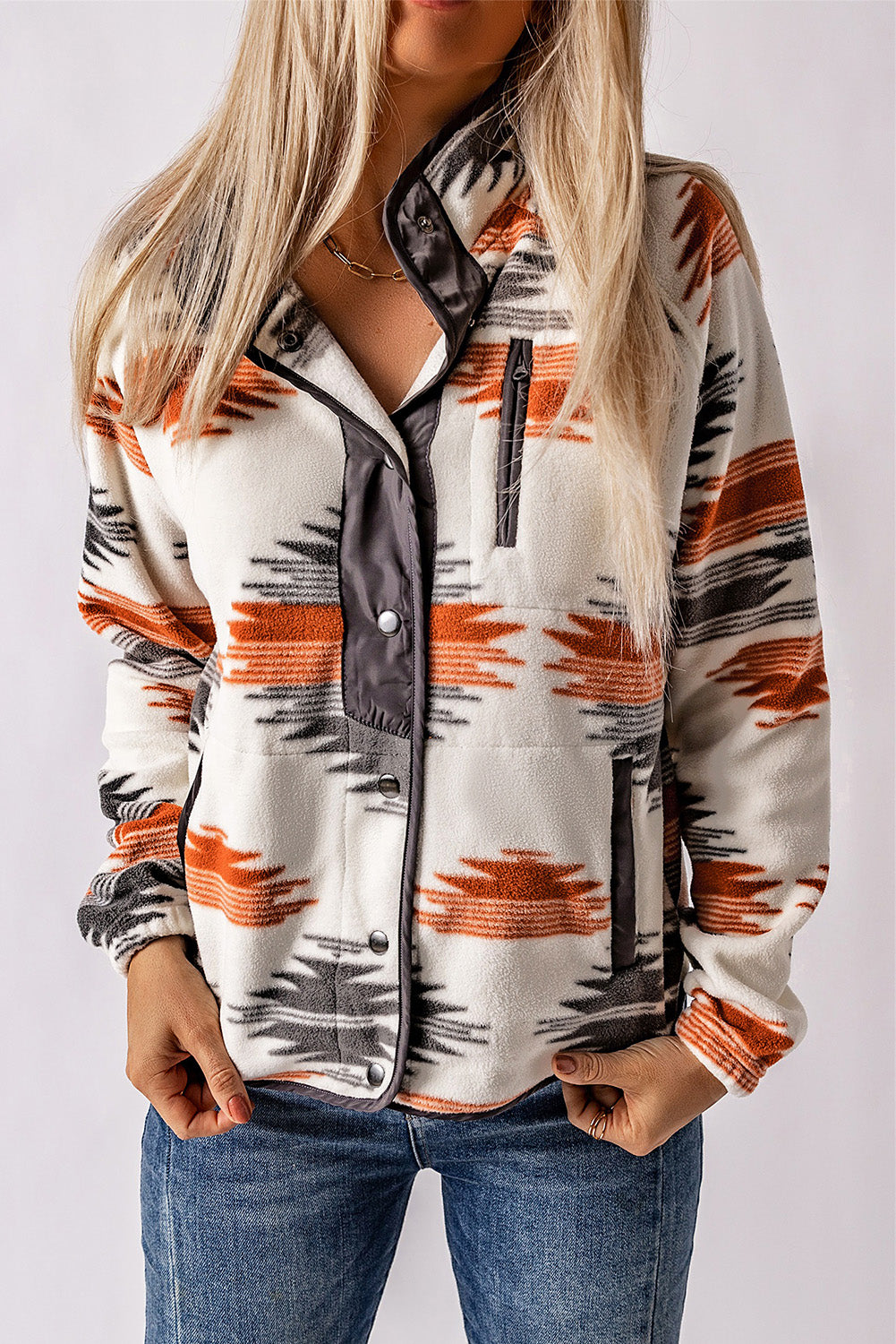 Gray Western Aztec Snap Buttoned Fleece Jacket-Chaelisa's New Jammies