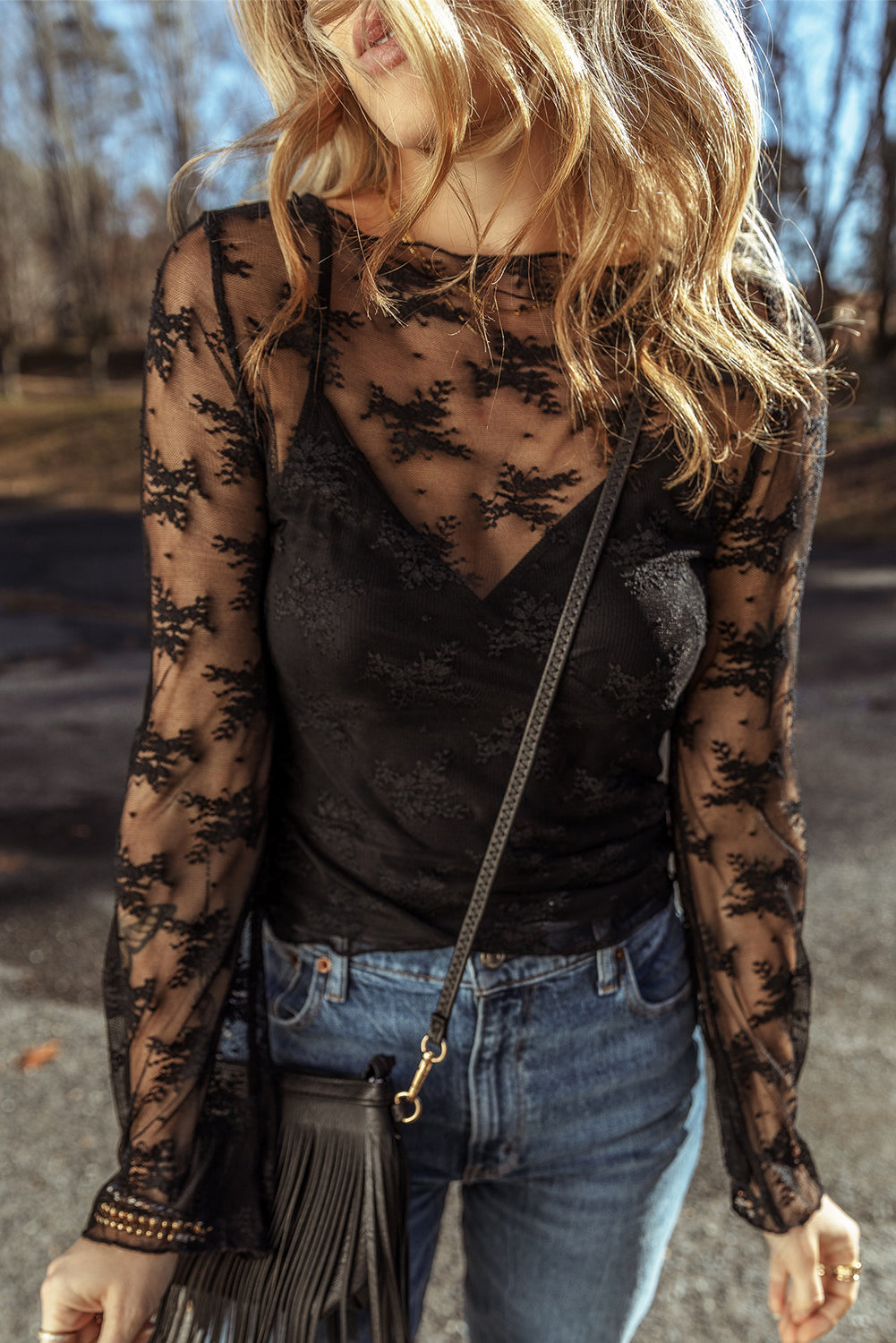 Black Lace Mesh Crochet Splicing Slim Fit Long Sleeve Blouse-Chaelisa's New Jammies