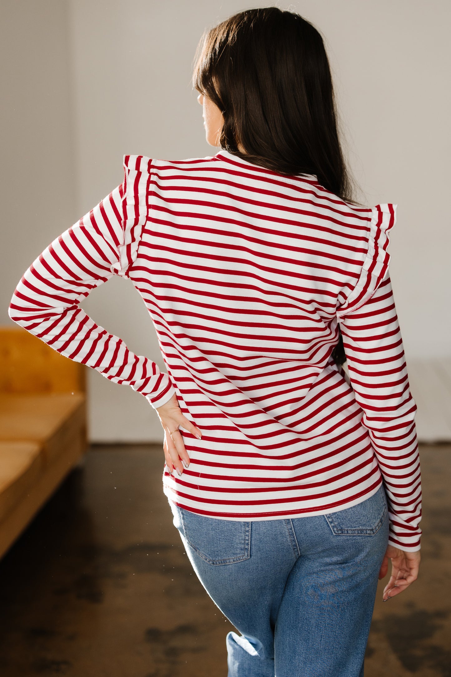 Red Stripe Round Neck Ruffle Trim Long Sleeve Top