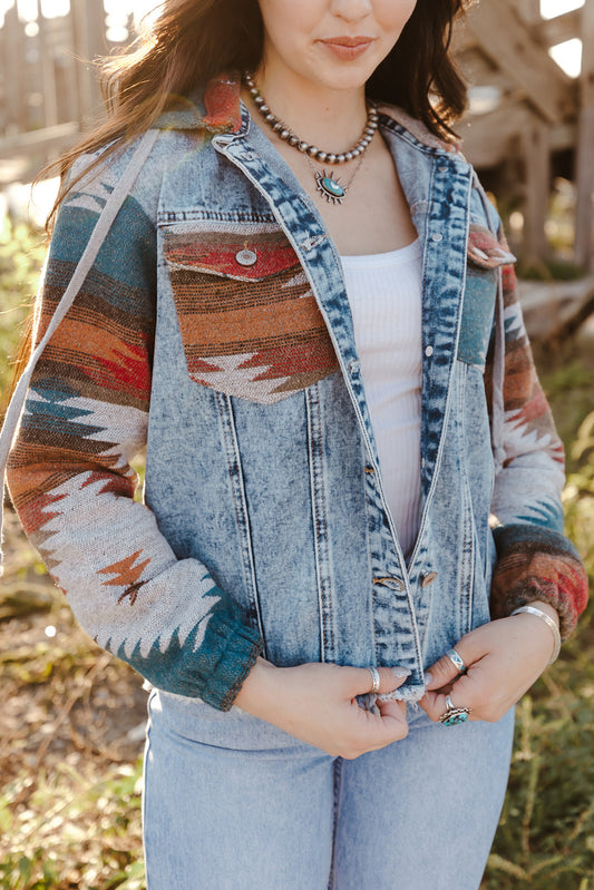 Multicolor Aztec Print Frayed Hem Denim Jacket-Chaelisa's New Jammies
