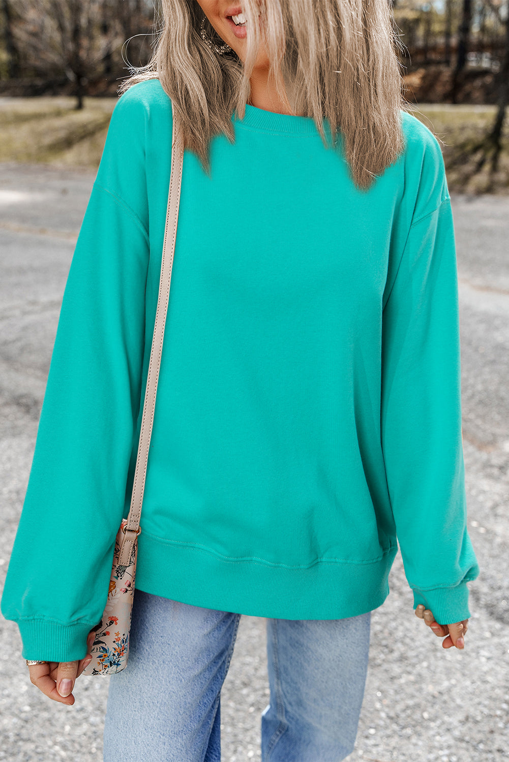 Aruba Blue Plain Drop Shoulder Crewneck Pullover Sweatshirt-Chaelisa's New Jammies