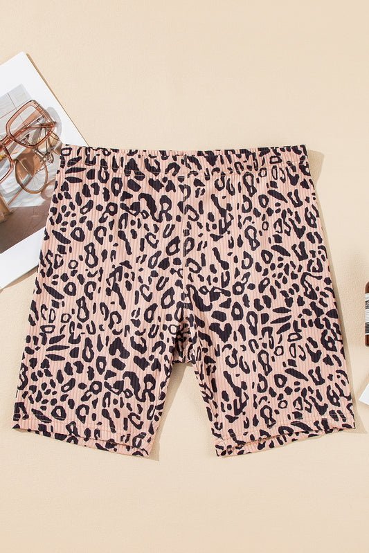 Khaki Leopard Print Ribbed Textured Knit Biker Shorts-Chaelisa's New Jammies