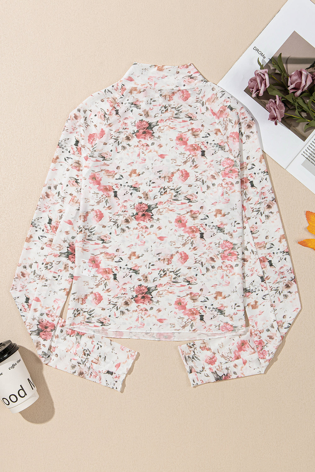 Pink Floral Long Sleeve High Neck Sheath Mesh Blouse-Chaelisa's New Jammies
