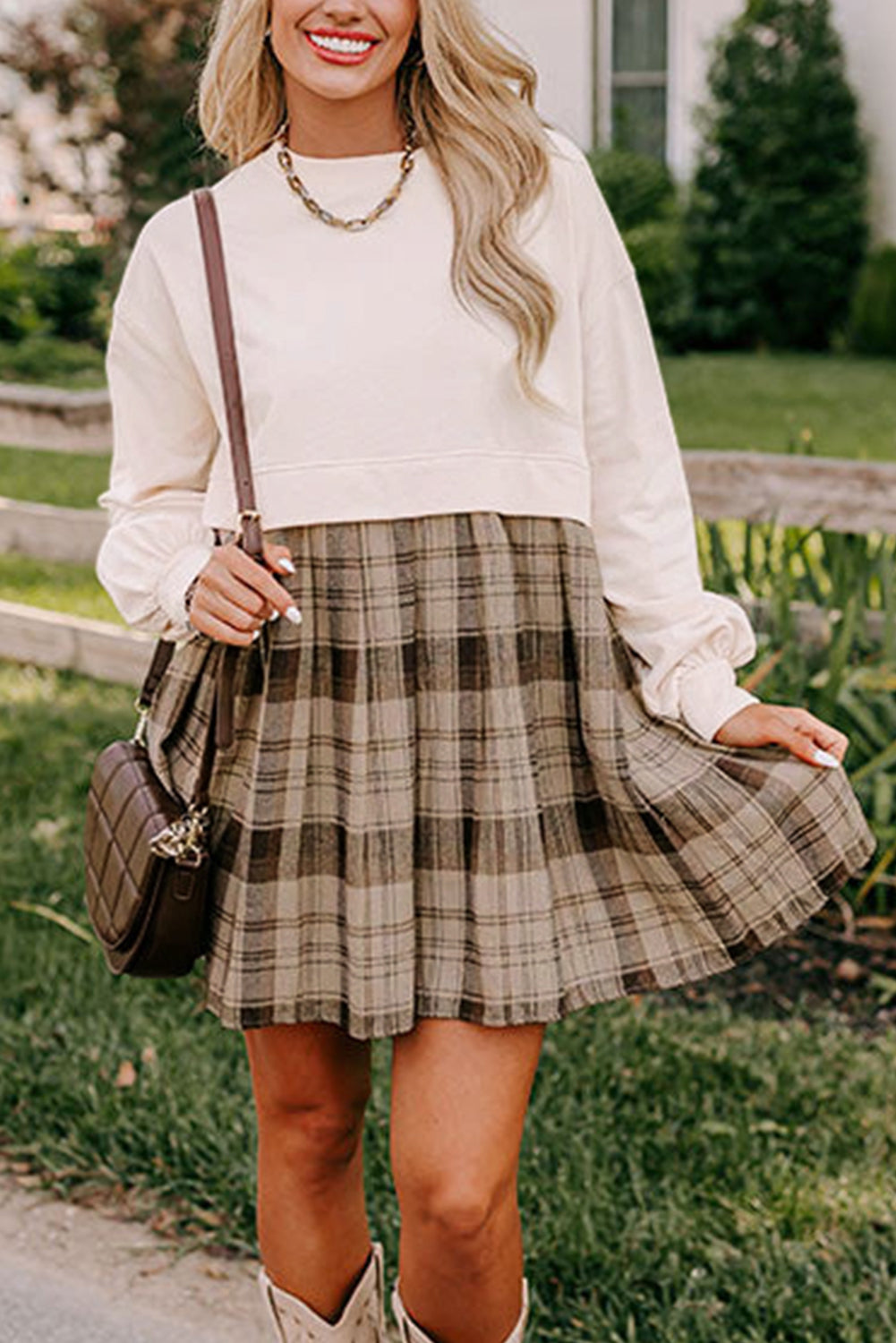 Beige Plaid Patchwork High Waist Sweatshirt Mini Dress-Chaelisa's New Jammies