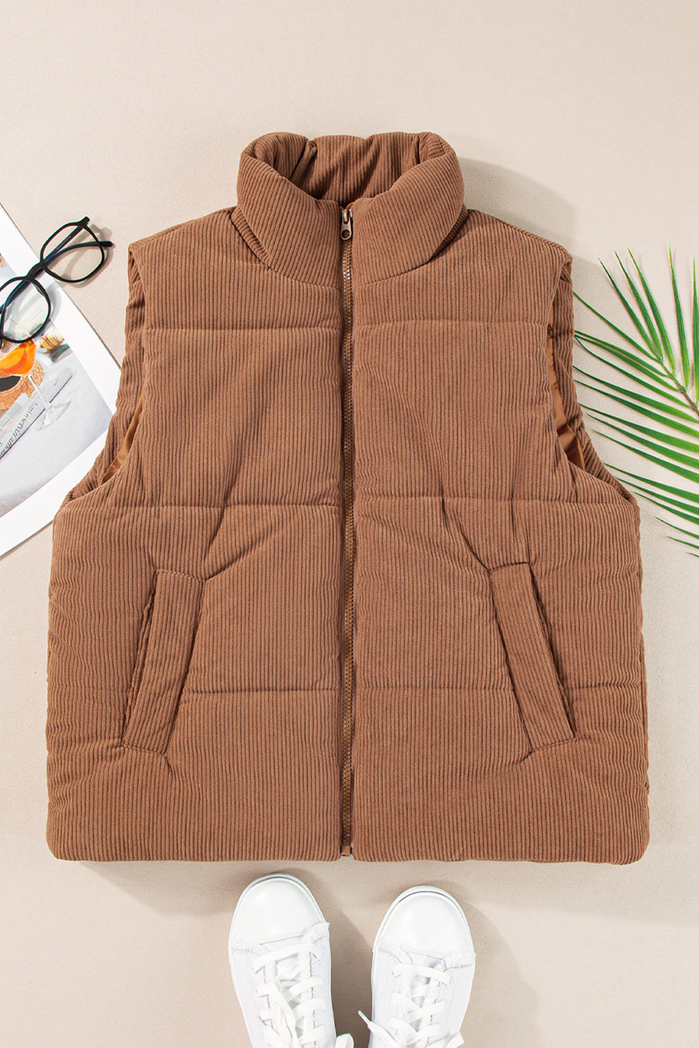 Coffee Corduroy Stand Neck Zipped Puffer Vest-Chaelisa's New Jammies