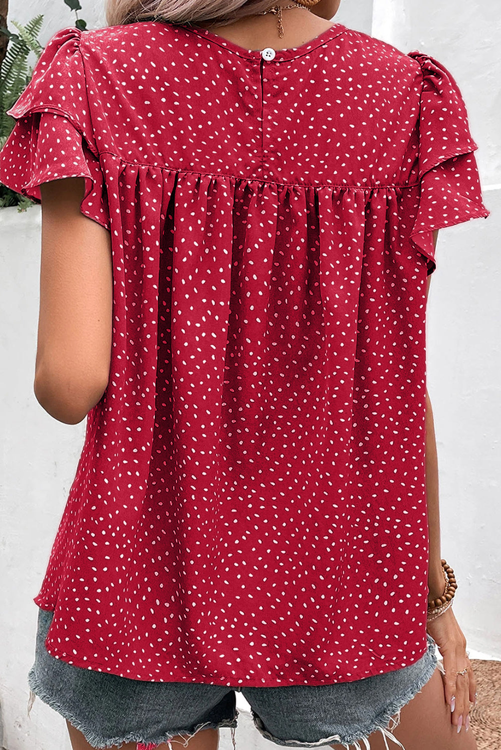 Laurel Green Spotted Print Pleated Ruffle Sleeve Blouse-Chaelisa's New Jammies
