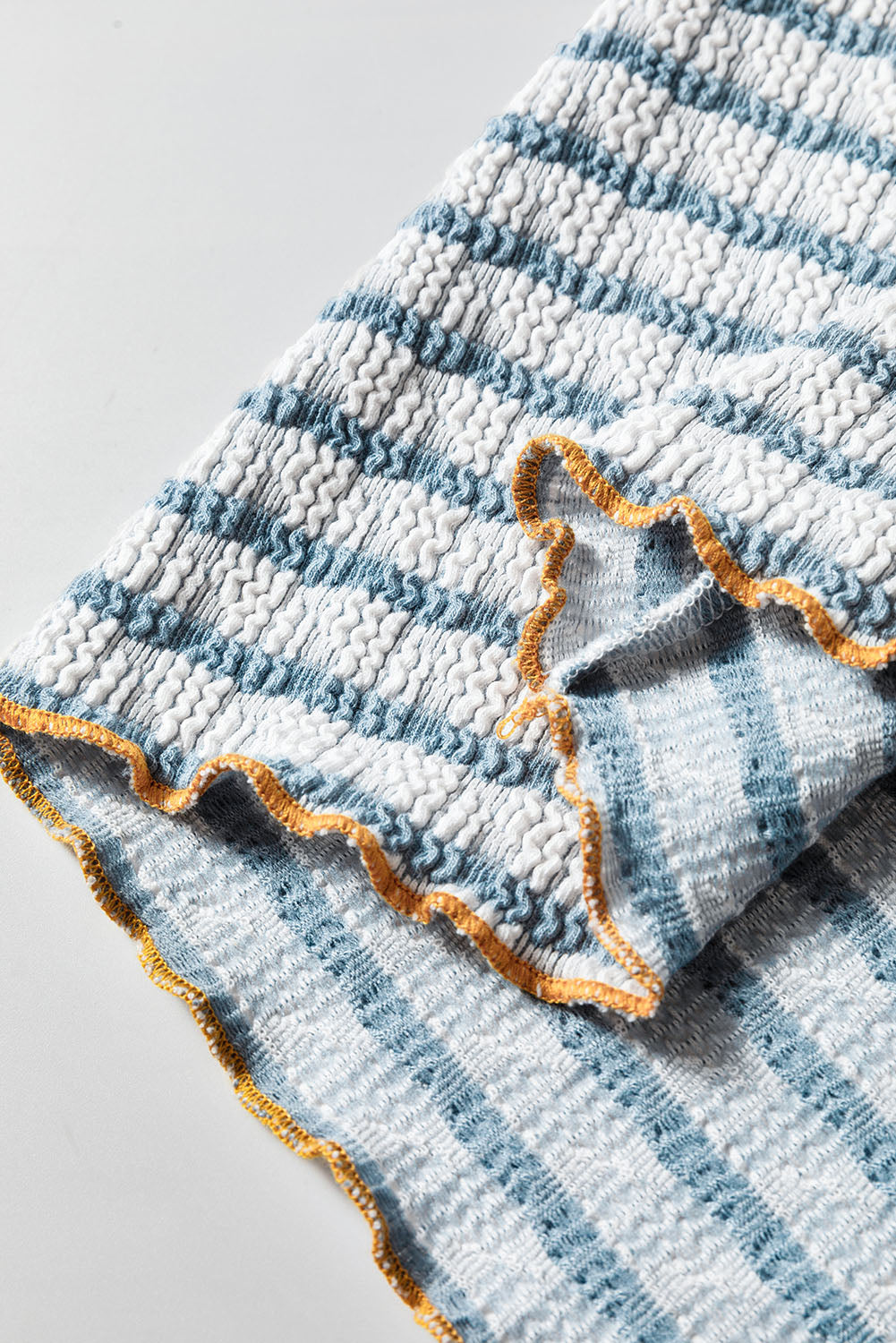 Sky Blue Stripe Textured Frilly Trim Buttons Henley Long Sleeve Top-Chaelisa's New Jammies