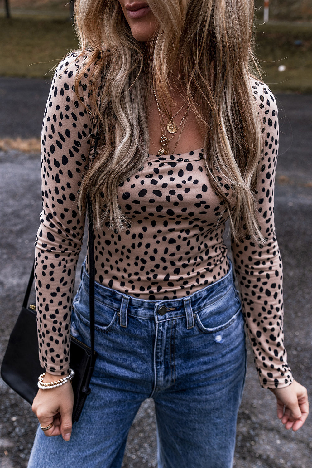 Smoke Gray Leopard Print Long Sleeve Scoop Neck Slim Fit Bodysuit-Chaelisa's New Jammies