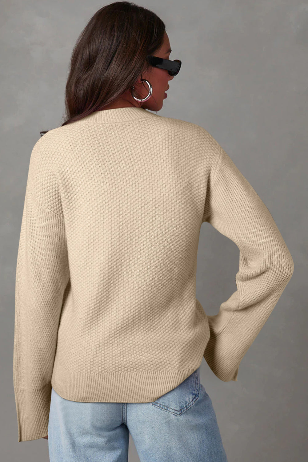 Parchment Solid Textured Knit Split Cuff Drop Shoulder Loose Sweater-Chaelisa's New Jammies