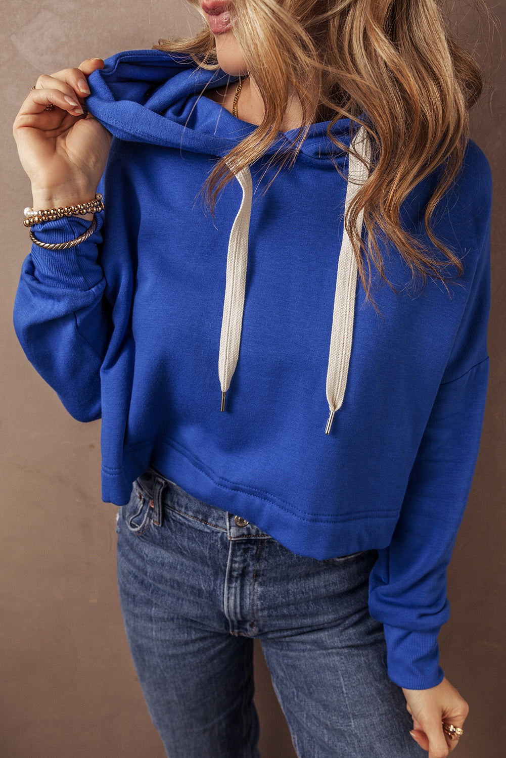 Dark Blue Solid Drop Shoulder Drawstring Cropped Hoodie-Chaelisa's New Jammies