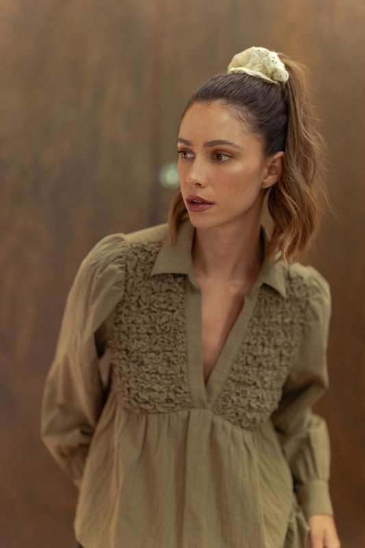Annie Wear Smocked Front Long Sleeve Babydoll Blouse-Chaelisa's New Jammies