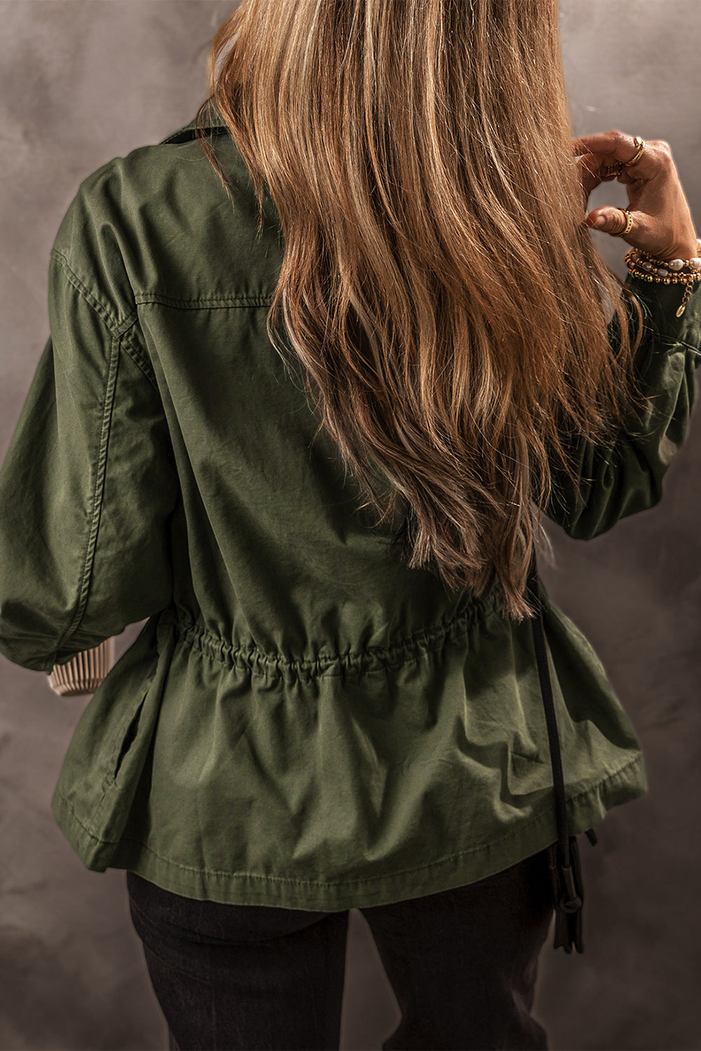 Moss Green Snap Button Zipper Tight Waist Collared Jacket-Chaelisa's New Jammies