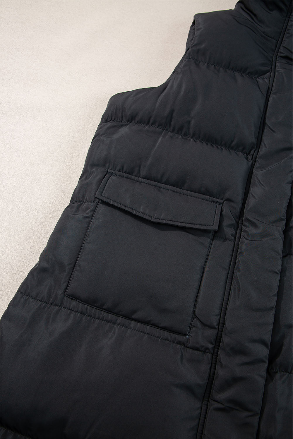 Black Windproof Longline Full Zipper Puffer Vest with Pockets-Chaelisa's New Jammies