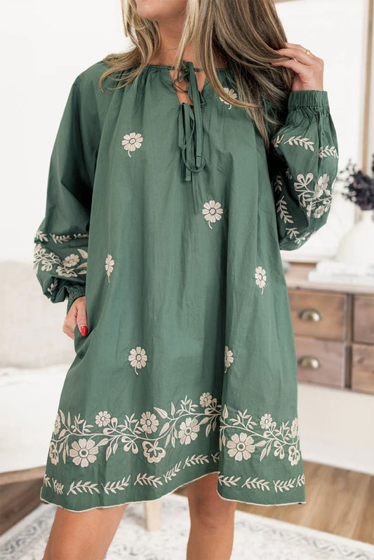 Mist Green Tie Neck Boho Floral Pattern Puff Sleeve Shift Dress-Chaelisa's New Jammies