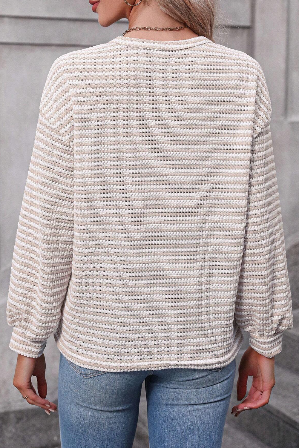 Khaki Stripe Round Neck Drop Shoulder Long Sleeve Top-Chaelisa's New Jammies