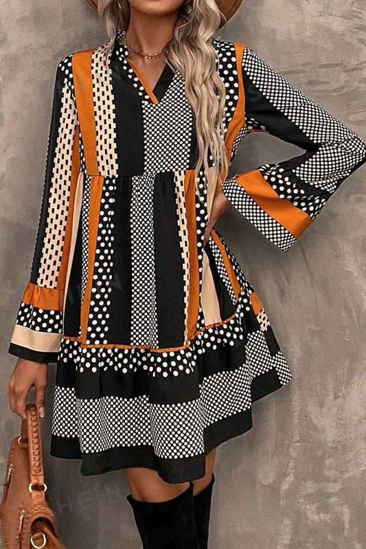 Black Striped Polka Dot Print Ruffled Hem V Neck Mini Dress-Chaelisa's New Jammies