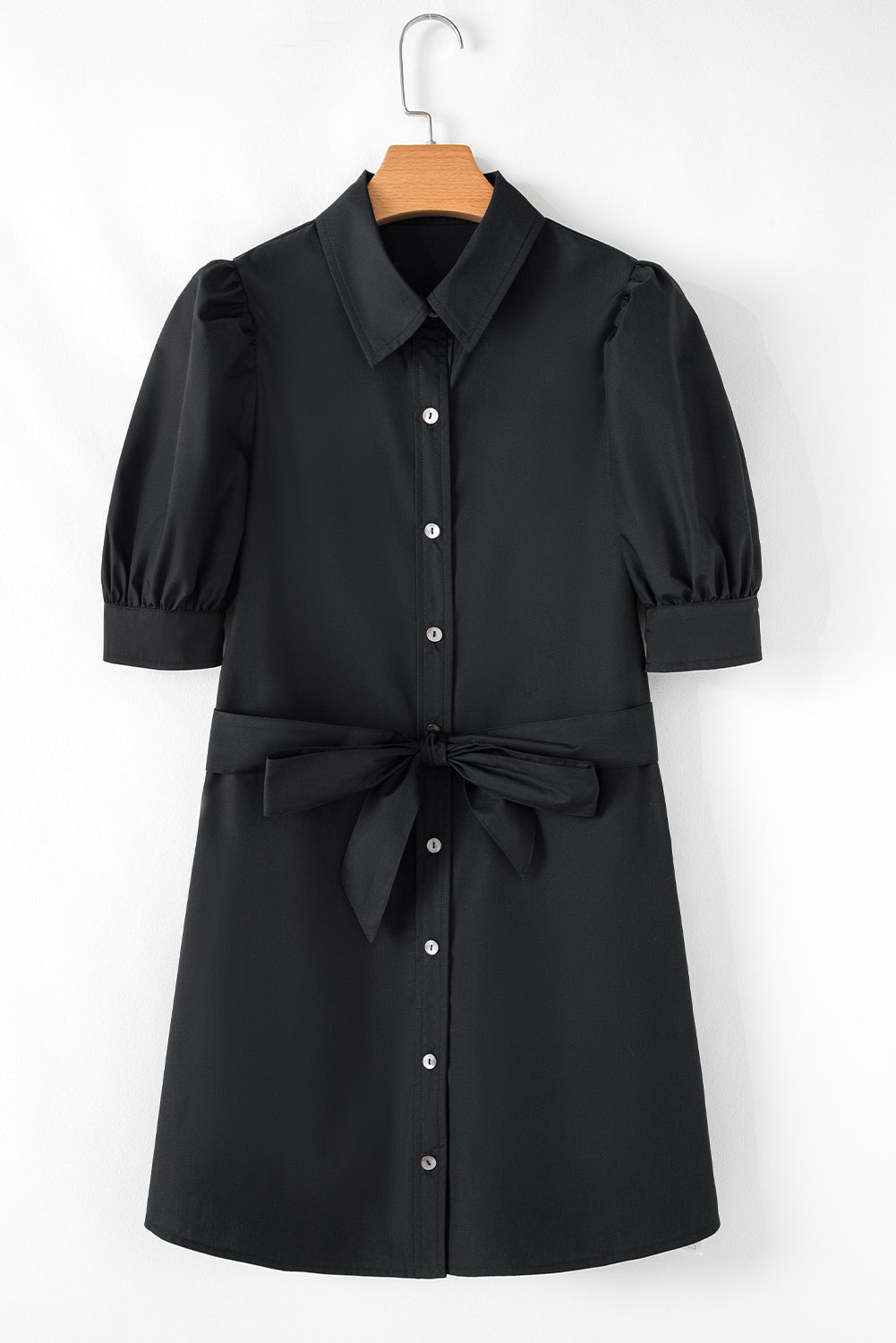 Black Button Up Tie Waist Puff Sleeve Mini Dress-Chaelisa's New Jammies