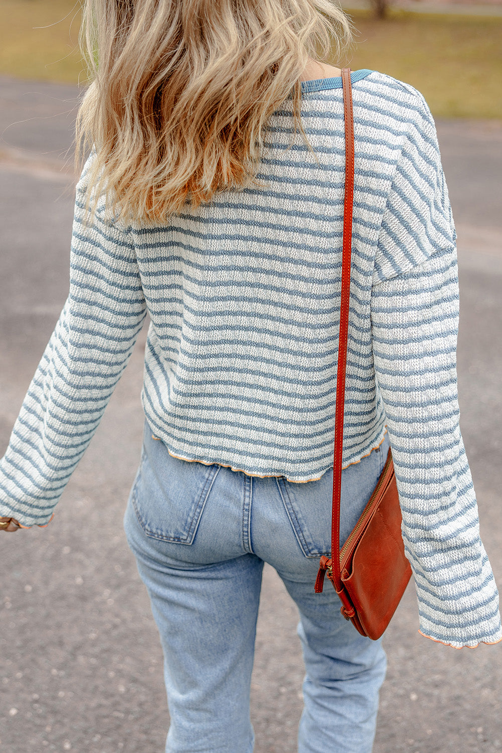 Sky Blue Stripe Textured Frilly Trim Buttons Henley Long Sleeve Top-Chaelisa's New Jammies