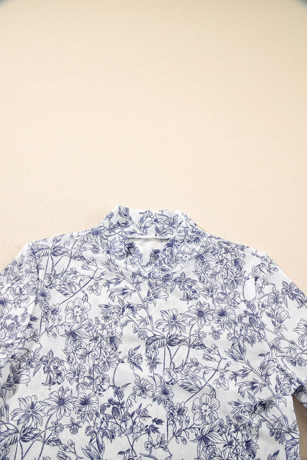 Sky Blue Floral Bell Sleeve Mock Neck Crop Mesh Top-Chaelisa's New Jammies