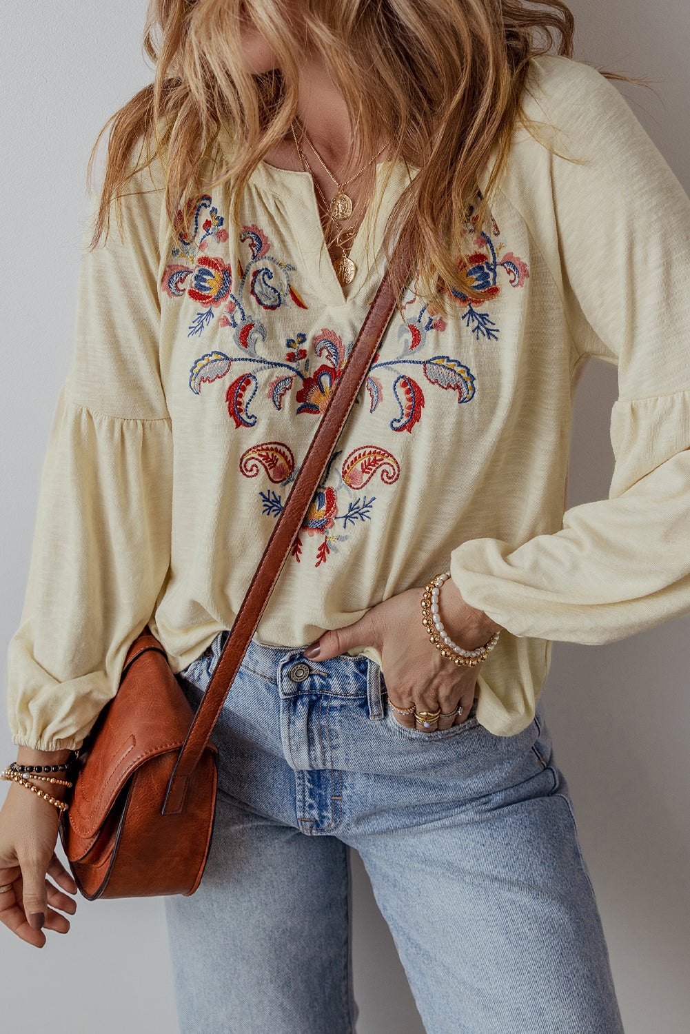 Apricot Paisley Floral Embroidered Notch V Neck Blouse-Chaelisa's New Jammies