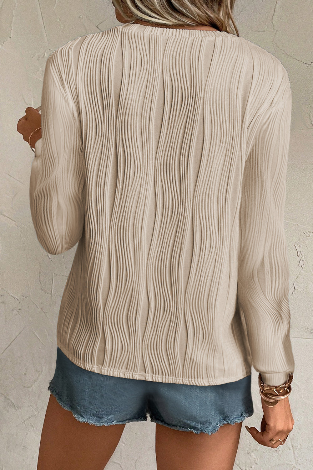Apricot Textured Wavy Round Neck Long Sleeve Top-Chaelisa's New Jammies