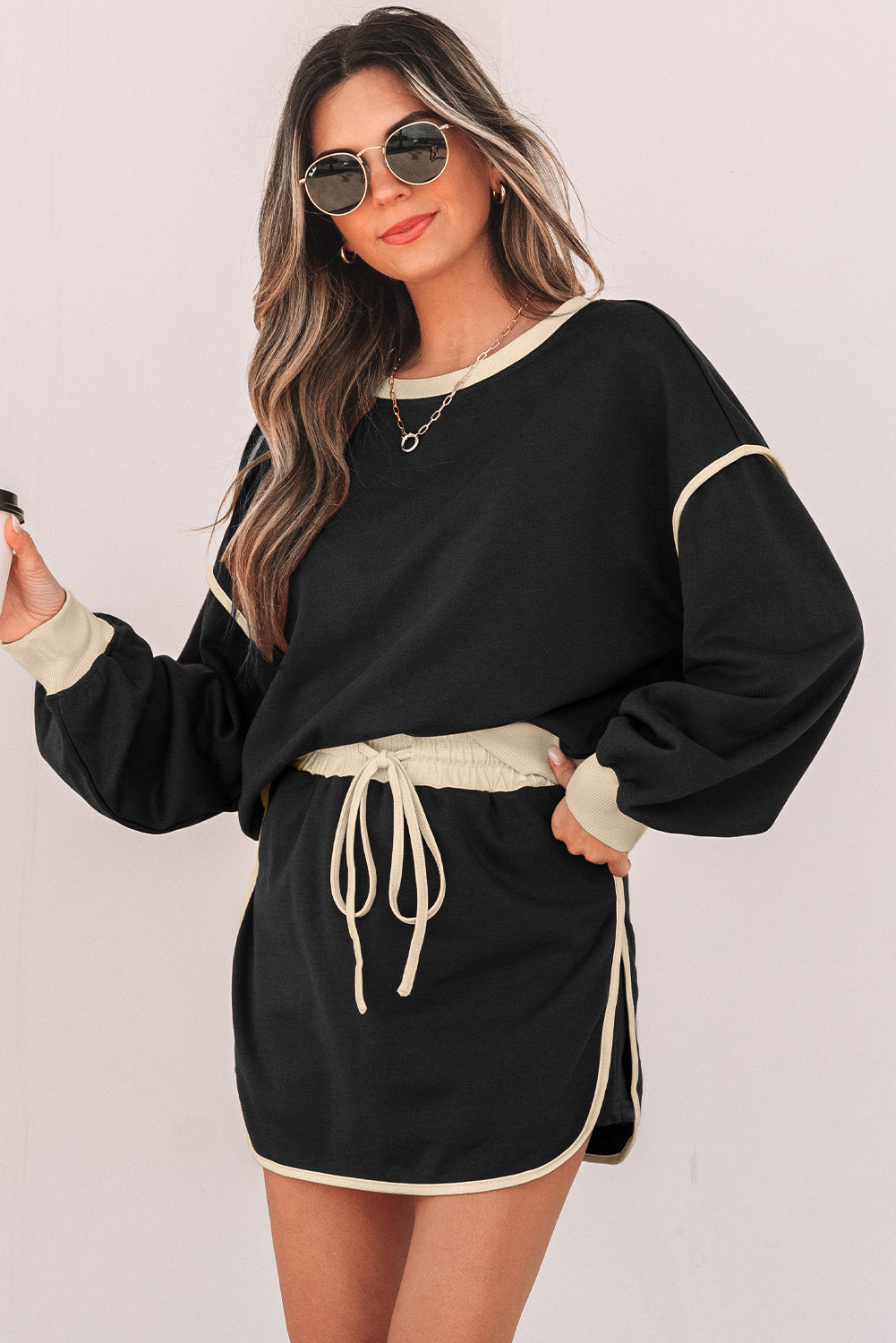 Black Color Contrast Loose Pullover and Lace-up Waist Skort Set-Chaelisa's New Jammies