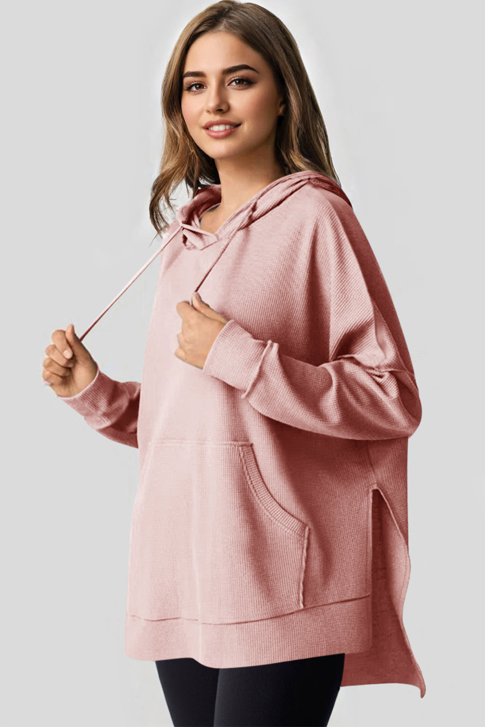 Light Pink Waffle Knit Fleece Lined High Low Oversized Hoodie-Chaelisa's New Jammies