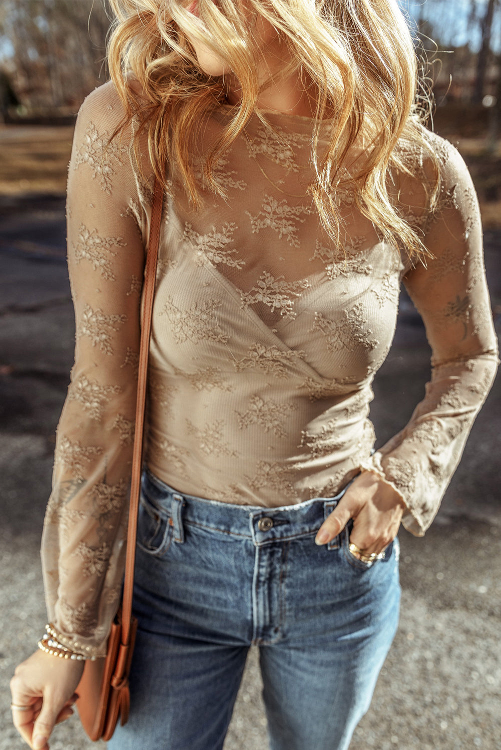 Apricot Lace Mesh Crochet Splicing Slim Fit Long Sleeve Blouse-Chaelisa's New Jammies