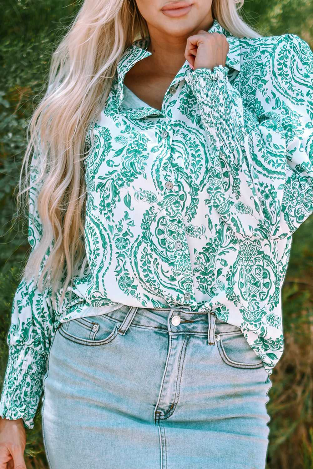 Green Paisley Print Smocked Cuff Buttoned Loose Shirt-Chaelisa's New Jammies