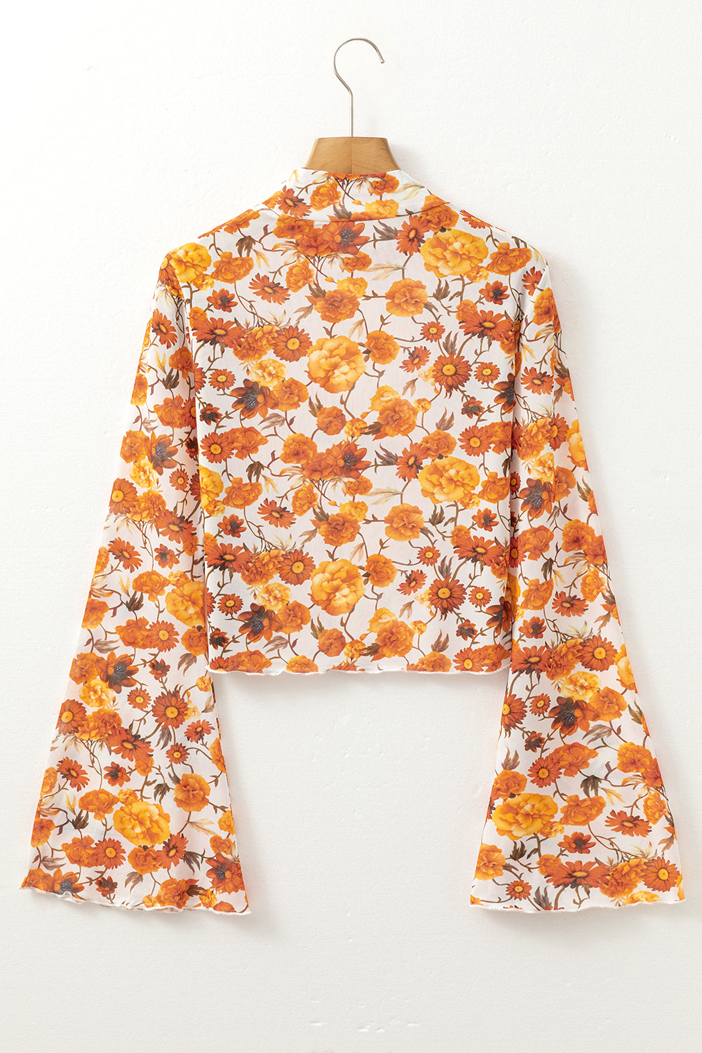 Orange Floral Printed Bell Sleeve Mock Neck Scallop Trim Blouse-Chaelisa's New Jammies