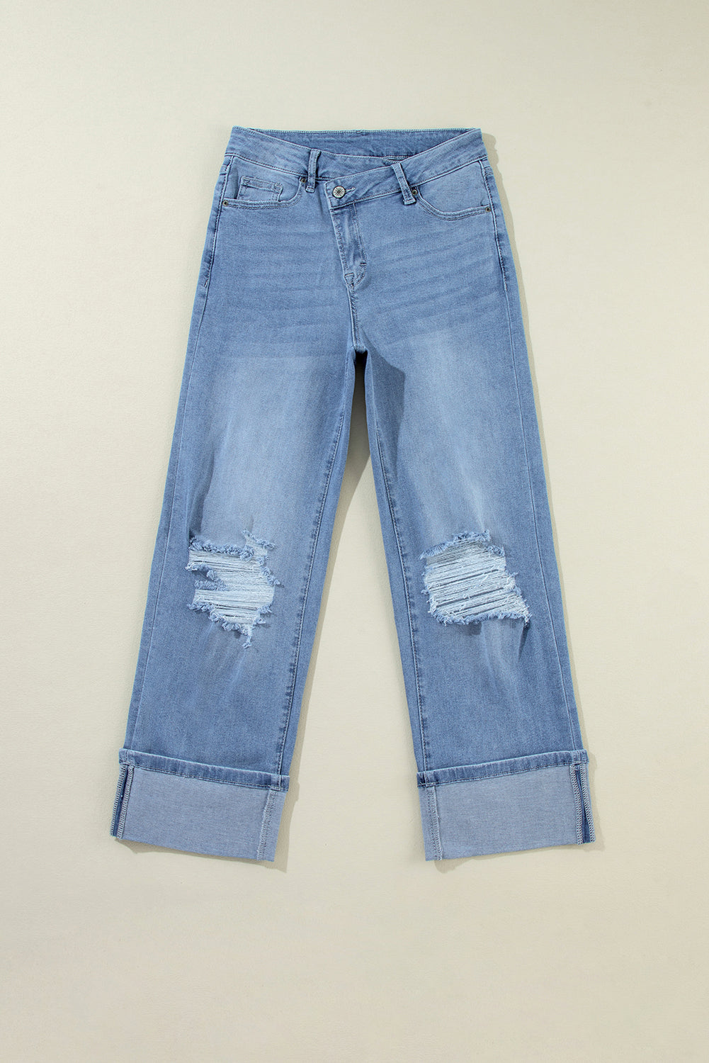 Dusk Blue High Rise Asymmetric Button Zip Fly Ripped Jeans-Chaelisa's New Jammies
