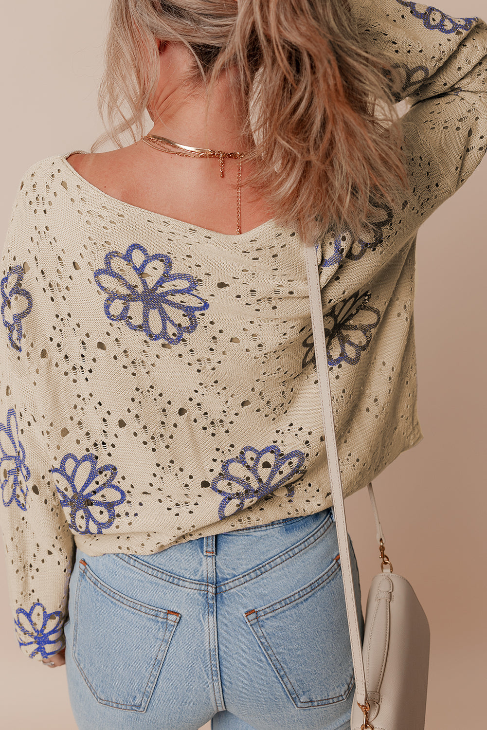Beige Contrast Flower Print Eyelet Drop Shoulder Sweater-Chaelisa's New Jammies
