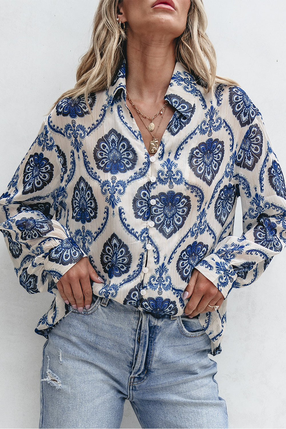 Blue Tribal Pattern Buttoned Front Loose Shirt-Chaelisa's New Jammies