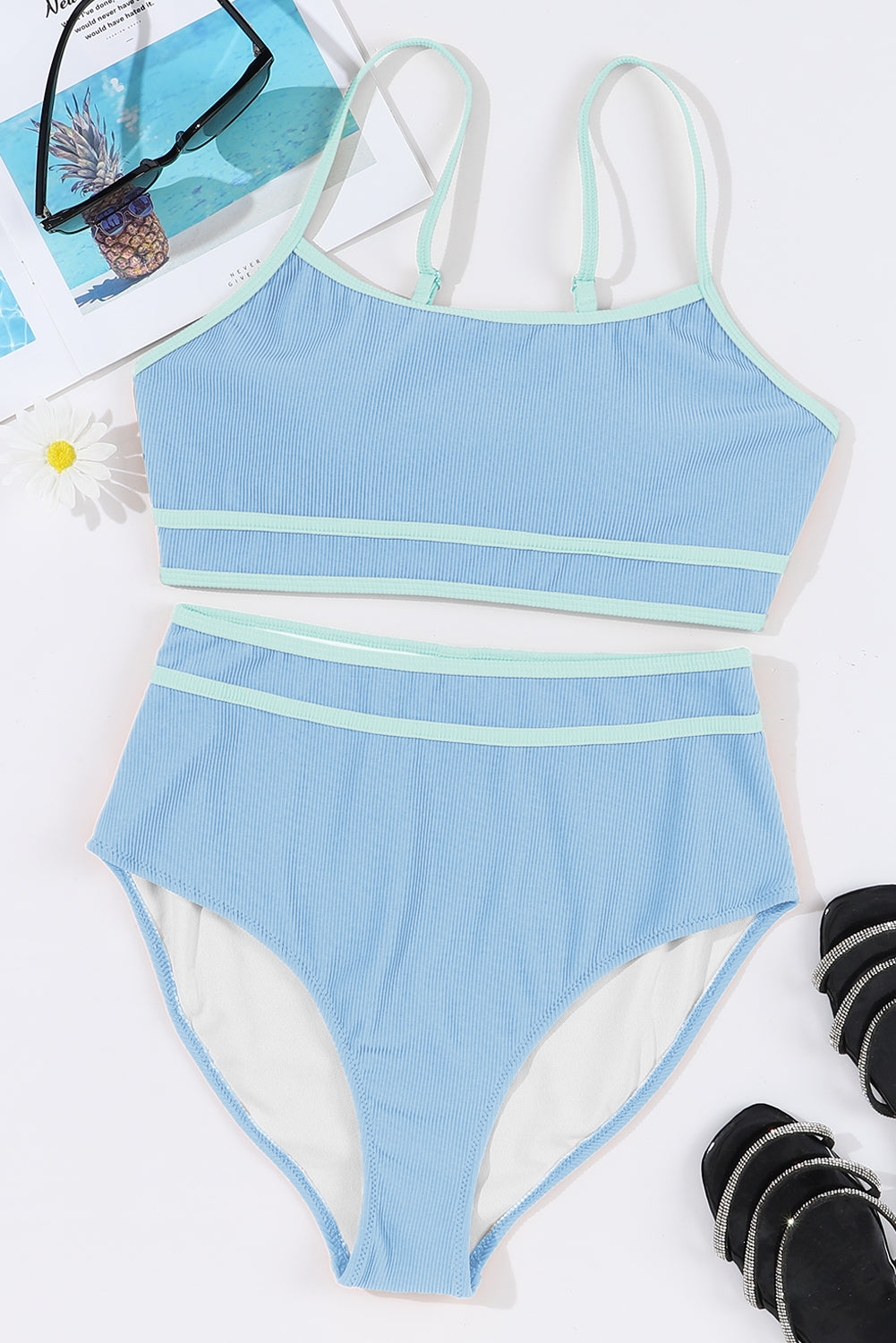 Beau Blue Stylish Ribbed Contrast Trim Spaghetti Straps 2pcs Bikini Swimsuit