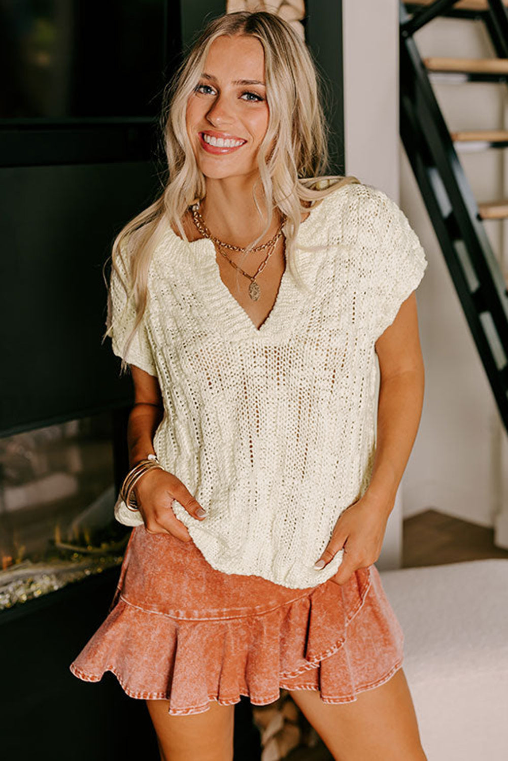 Beige Notched V Neck Short Sleeve Sweater-Chaelisa's New Jammies