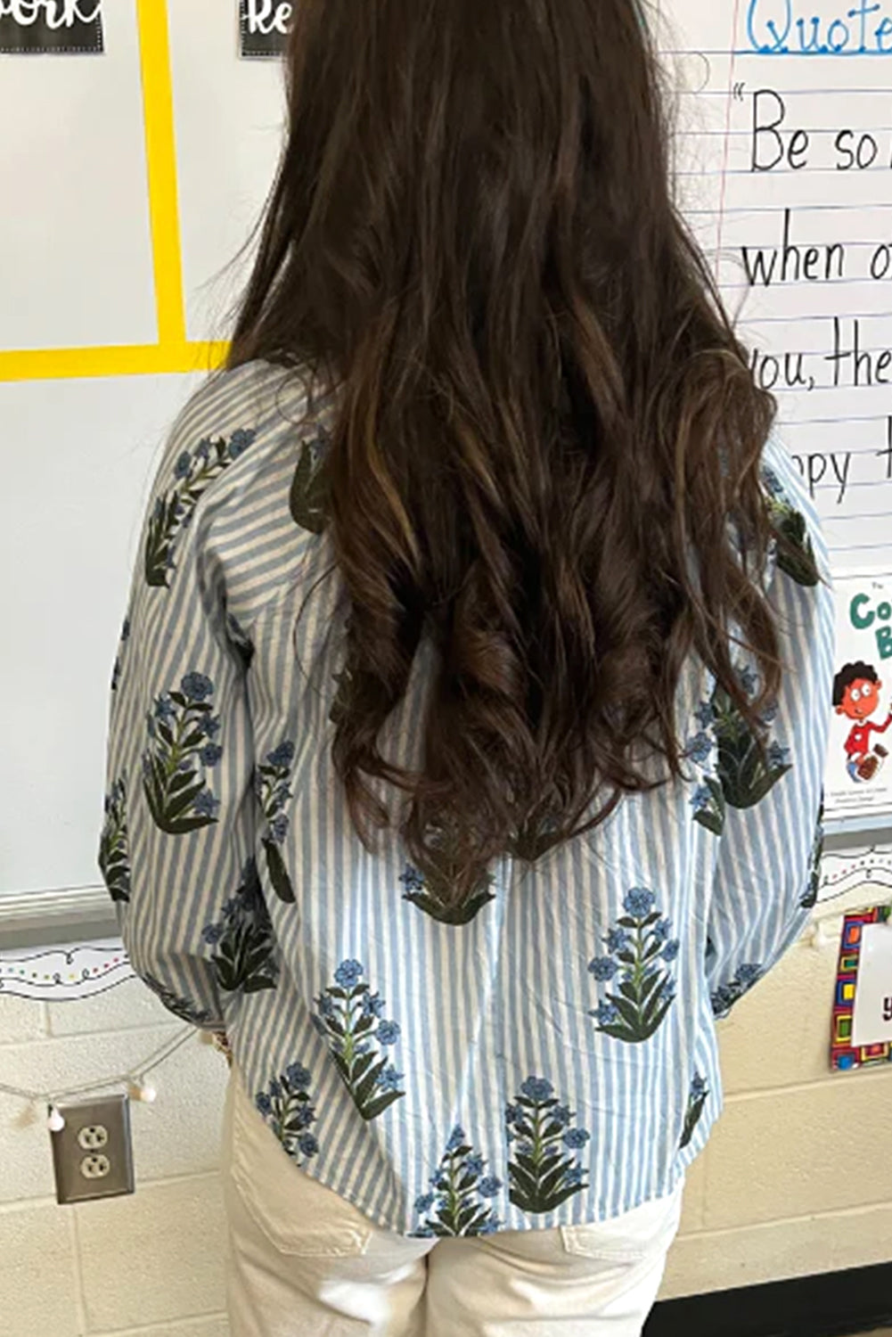 Beau Blue Striped Floral Printed Long Sleeve Tied V Neck Blouse-Chaelisa's New Jammies