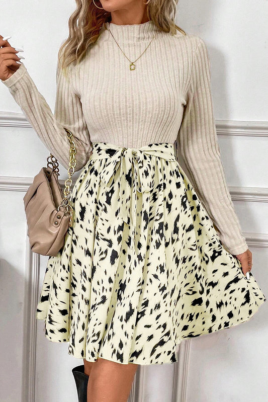 Beige Ribbed Knit Patchwork Printed Belted A-line Dress-Chaelisa's New Jammies