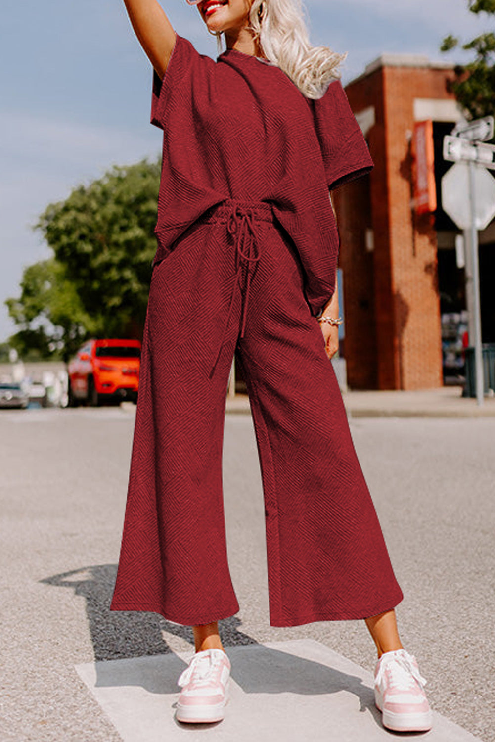 Red Dahlia Textured Loose Fit T Shirt and Drawstring Pants Set-Chaelisa's New Jammies