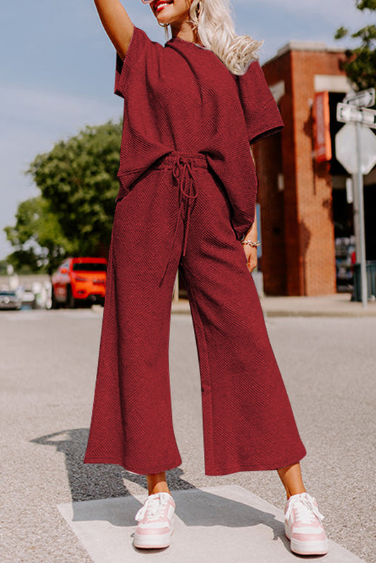 Red Dahlia Textured Loose Fit T Shirt and Drawstring Pants Set-Chaelisa's New Jammies
