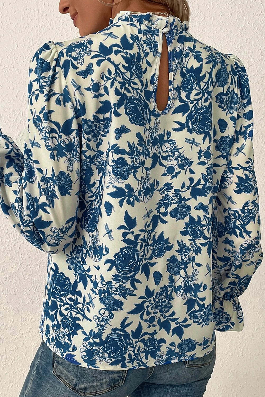 Sky Blue Floral Print Flounce Sleeve Keyhole Back Blouse-Chaelisa's New Jammies