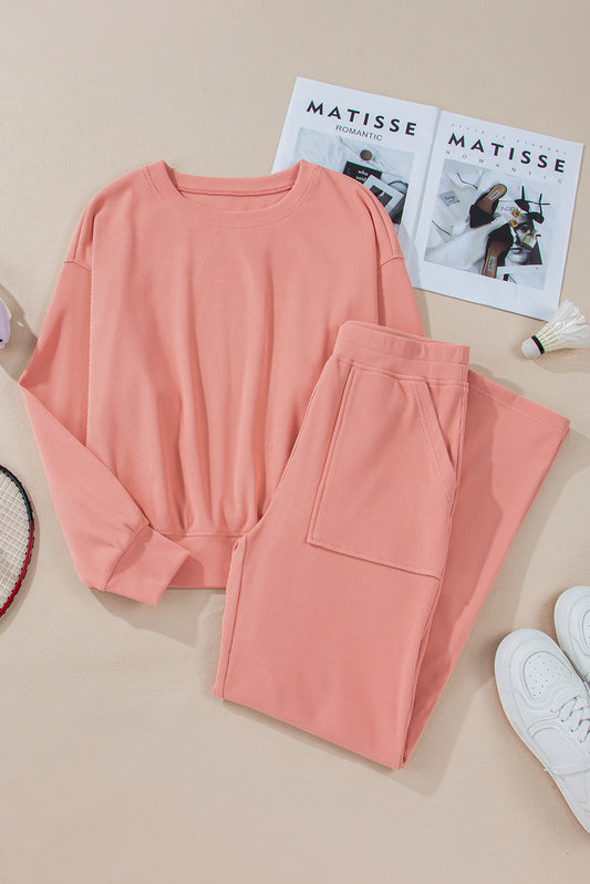 Blossom Ribbed Knit Drop Shoulder Pocketed Two Piece Lounge Set-Chaelisa's New Jammies