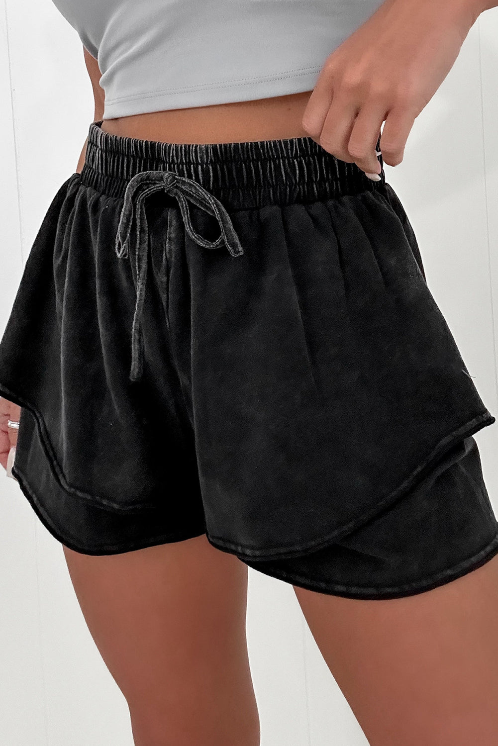 Black Mineral Wash French Terry High Waist Casual Shorts-Chaelisa's New Jammies