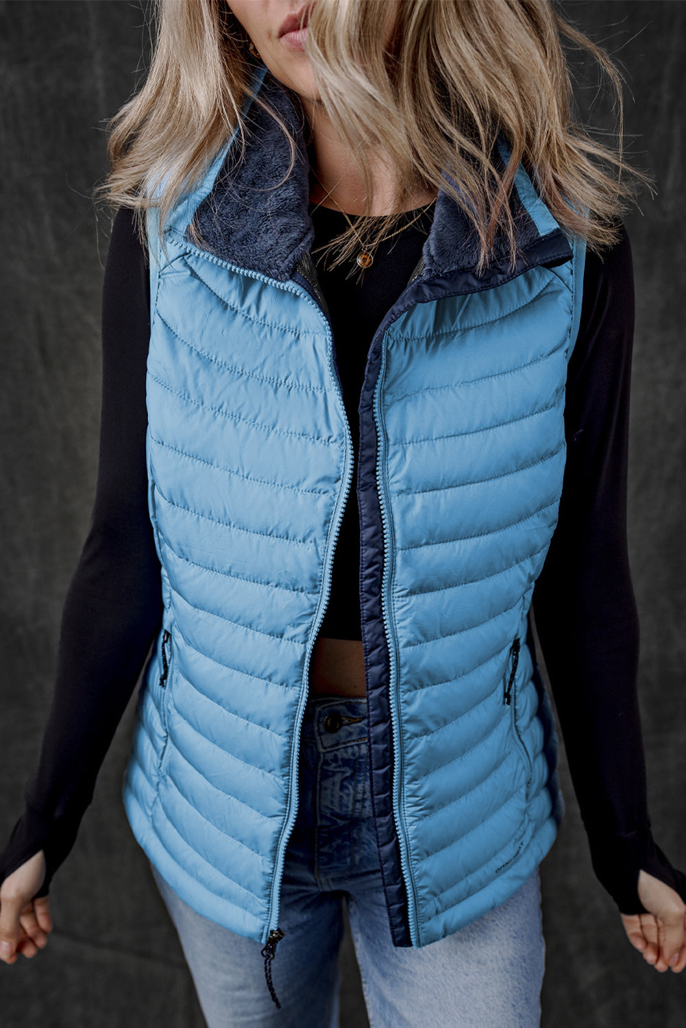 Sky Blue Plush Collared Quilted Zipped Puffer Vest-Chaelisa's New Jammies