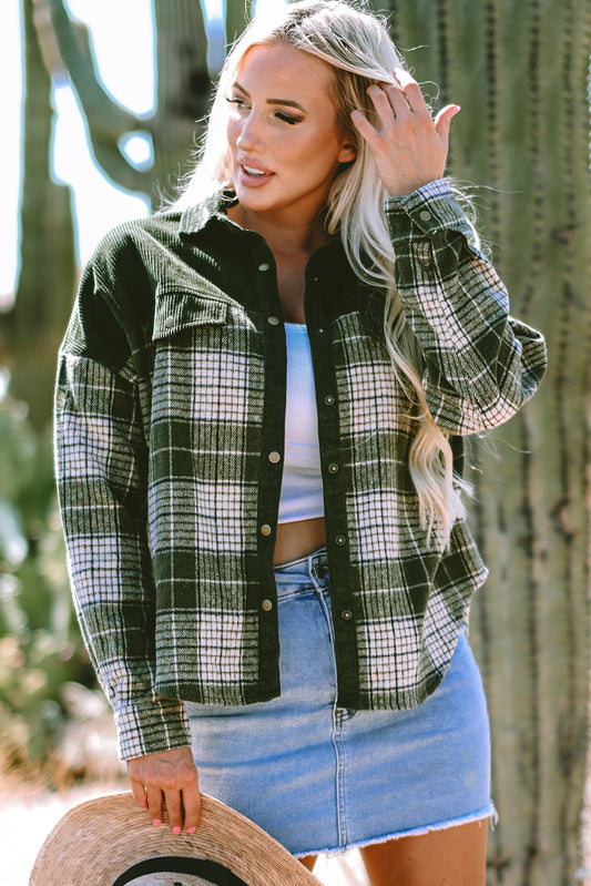 Blackish Green Snap Buttons Colorblock Plaid Shacket-Chaelisa's New Jammies