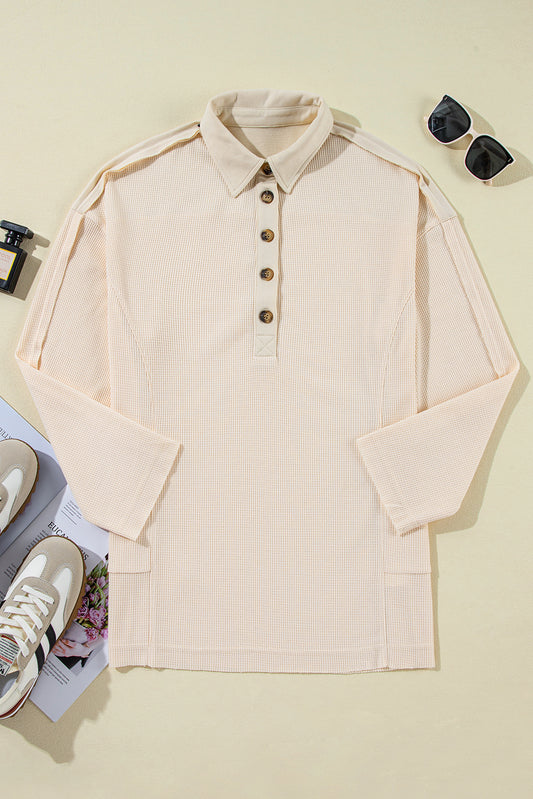 Jet Stream Waffle Long Sleeve Collar Half Button Loose Top-Chaelisa's New Jammies