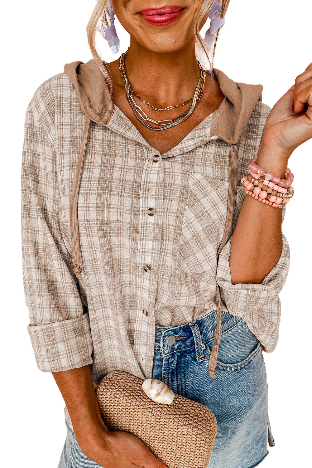 Khaki Checkered Print Loose Fit Buttoned Hooded Shacket-Chaelisa's New Jammies