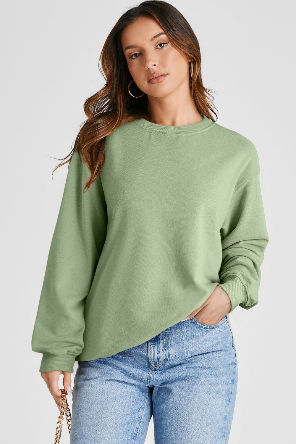 Smoke Green Plain Drop Shoulder Crewneck Pullover Sweatshirt-Chaelisa's New Jammies