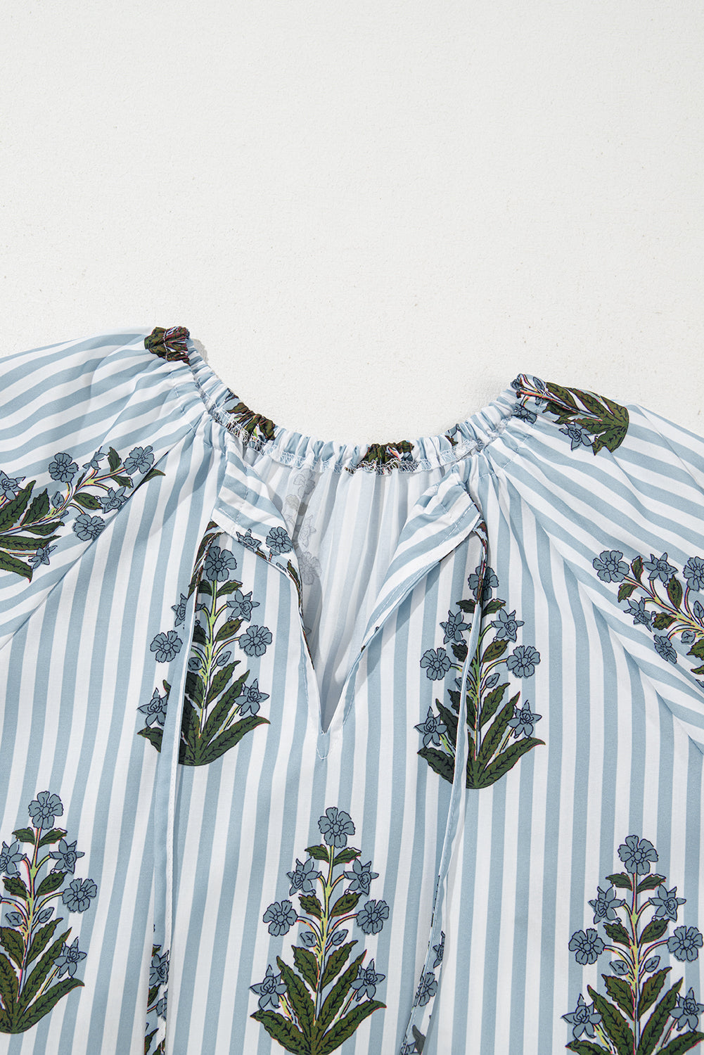 Beau Blue Striped Floral Printed Long Sleeve Tied V Neck Blouse-Chaelisa's New Jammies