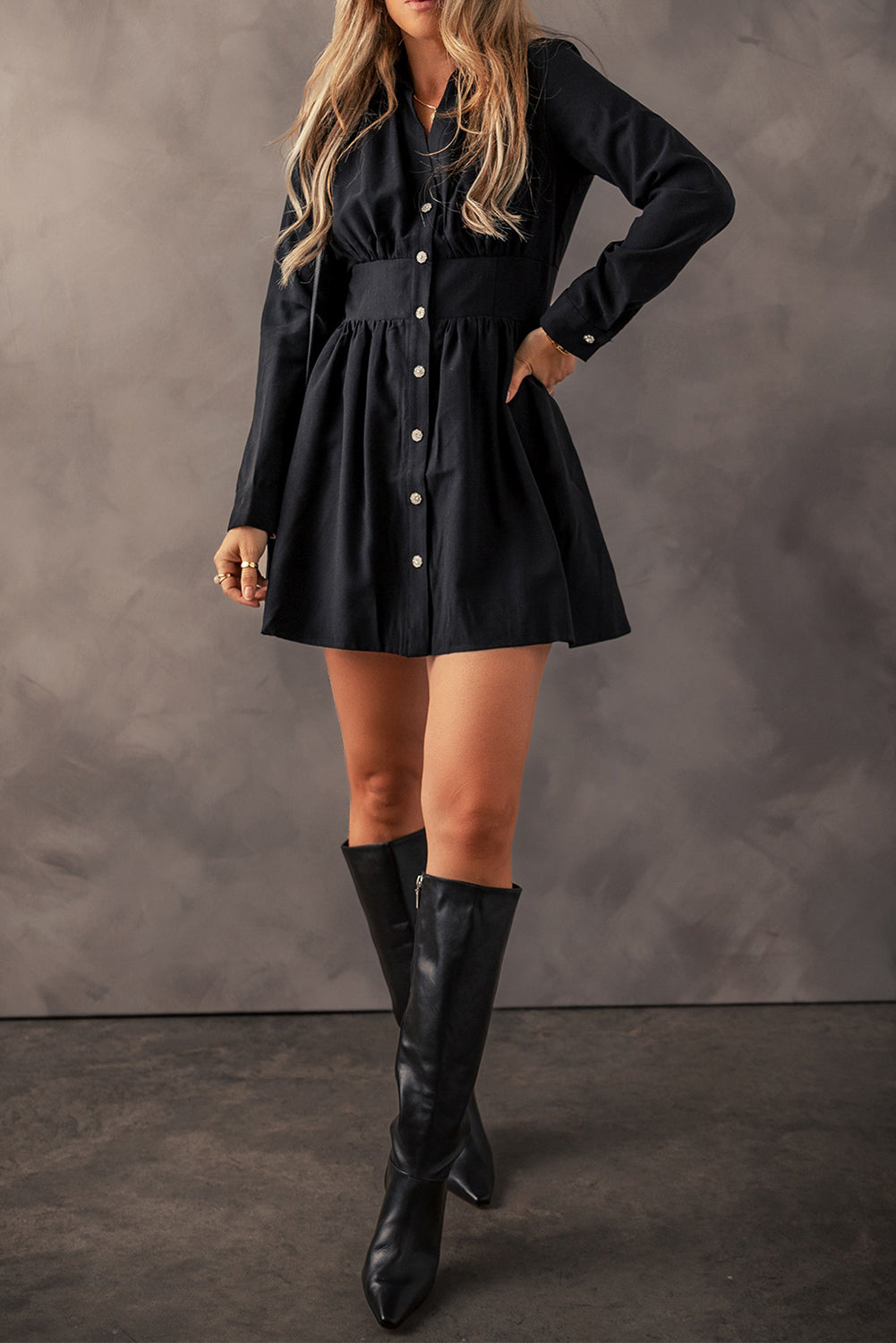 Black Elastic Cinched High Waist Long Sleeve Shirt Mini Dress-Chaelisa's New Jammies