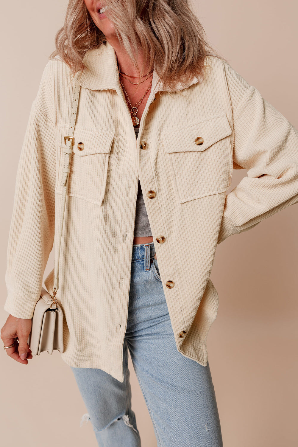 Oatmeal Corduroy Flap Pocket Button Up Shacket-Chaelisa's New Jammies